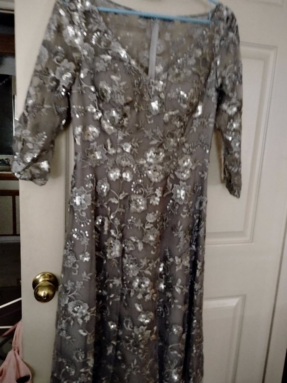 La Femme Silver Sequin Mother of the Bride Groom Formal Gown